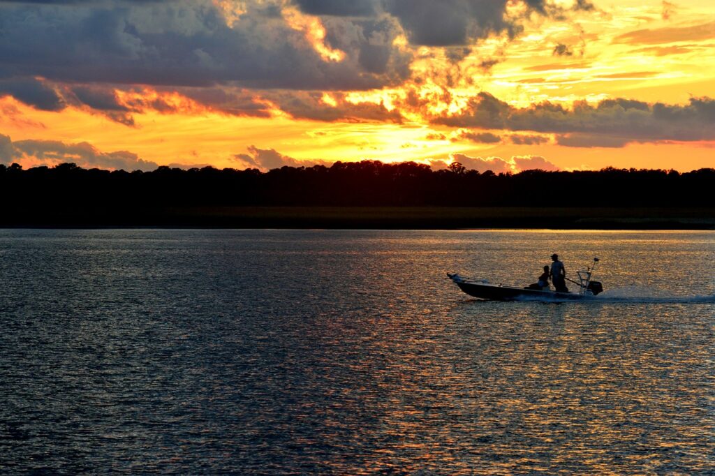 Sunset Boat People Water Sky 