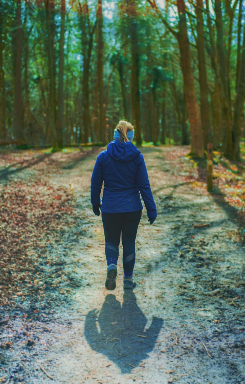 woman in blue hoodie walking on pathway to the woods